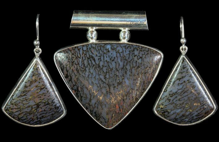 Blue Agatized Dinosaur Bone (Gembone) Earrings & Pendant Set #69973